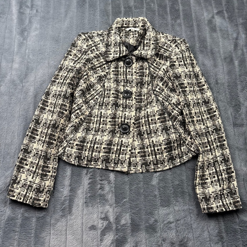 Cabi Womens Black Cream Tweed Cropped Blazer Jacket Wool Blend Style 630 Small